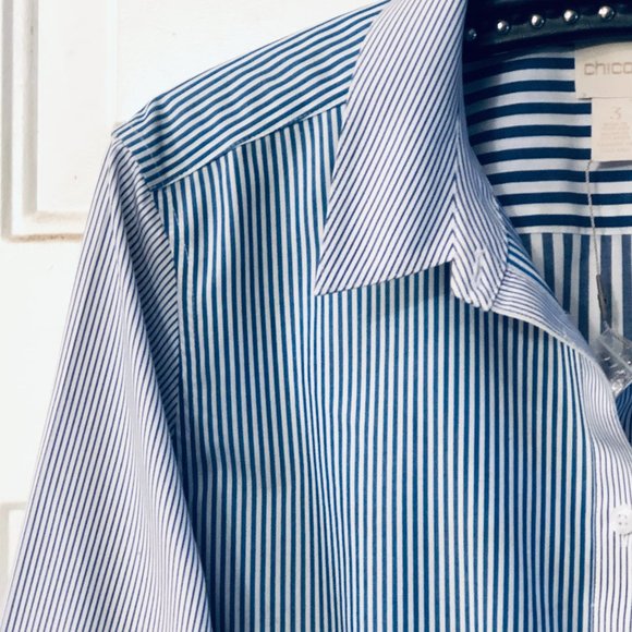 NEW Chico's No-Iron Womens Sz 3 (XL) Blouse Shirt Long Sleeve Blue/White Striped - Picture 3 of 10